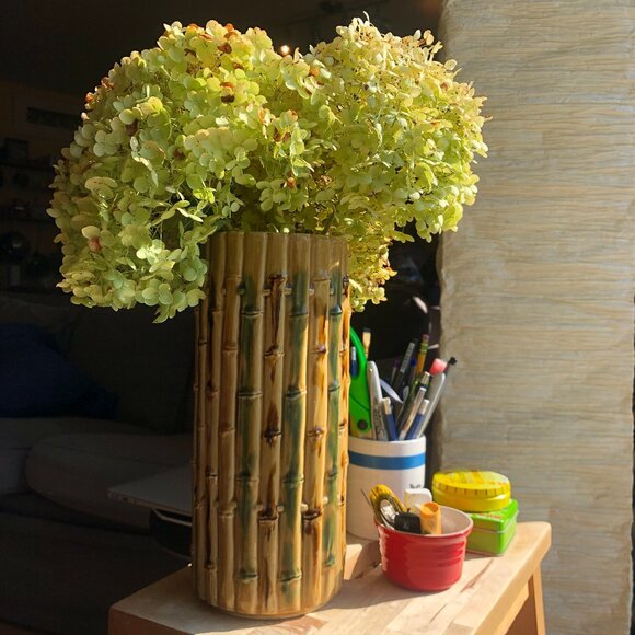 Large vintage artisan made bamboo shaped ceramic flower vase - Picture 3 of 10